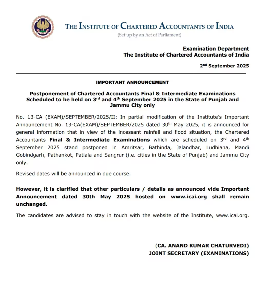 पंजाब और जम्मू में बाढ़ का असर: ICAI ने 3-4 सितंबर की CA Final और Intermediate परीक्षाएं स्थगित कीं 1 image 15