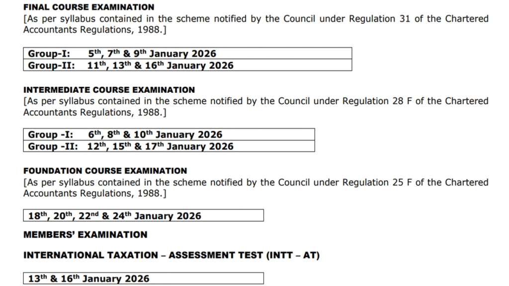 ca exam schedule january 2026