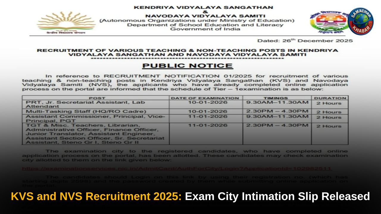 KVS and NVS Recruitment 2025: Exam City Intimation Slip Released, Tier I Schedule Announced